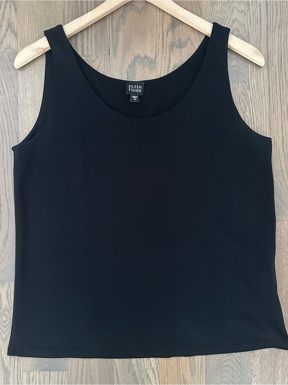 Eileen Fisher Scoop Neck Sleeveless Double Stretch Silk Tank Top in Black Medium